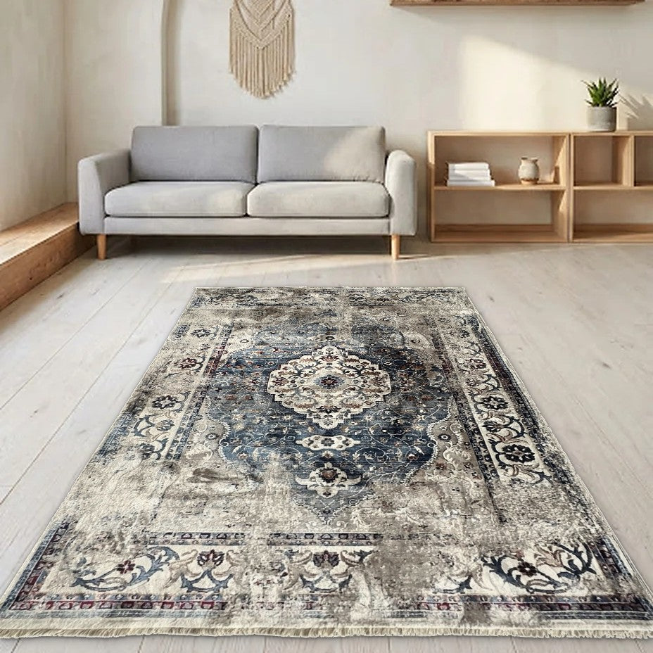 Room view: the rug on the floor of a furnished room
