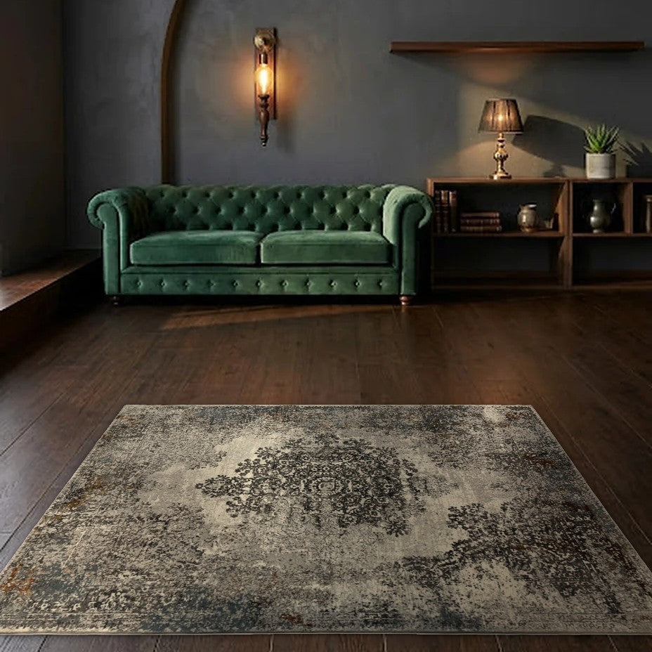 Room view: the rug on the floor of a furnished room