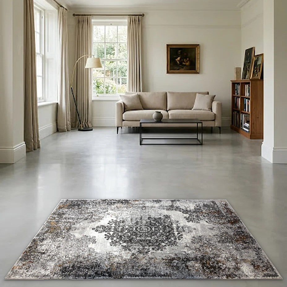 Room view: the rug on the floor of a furnished room
