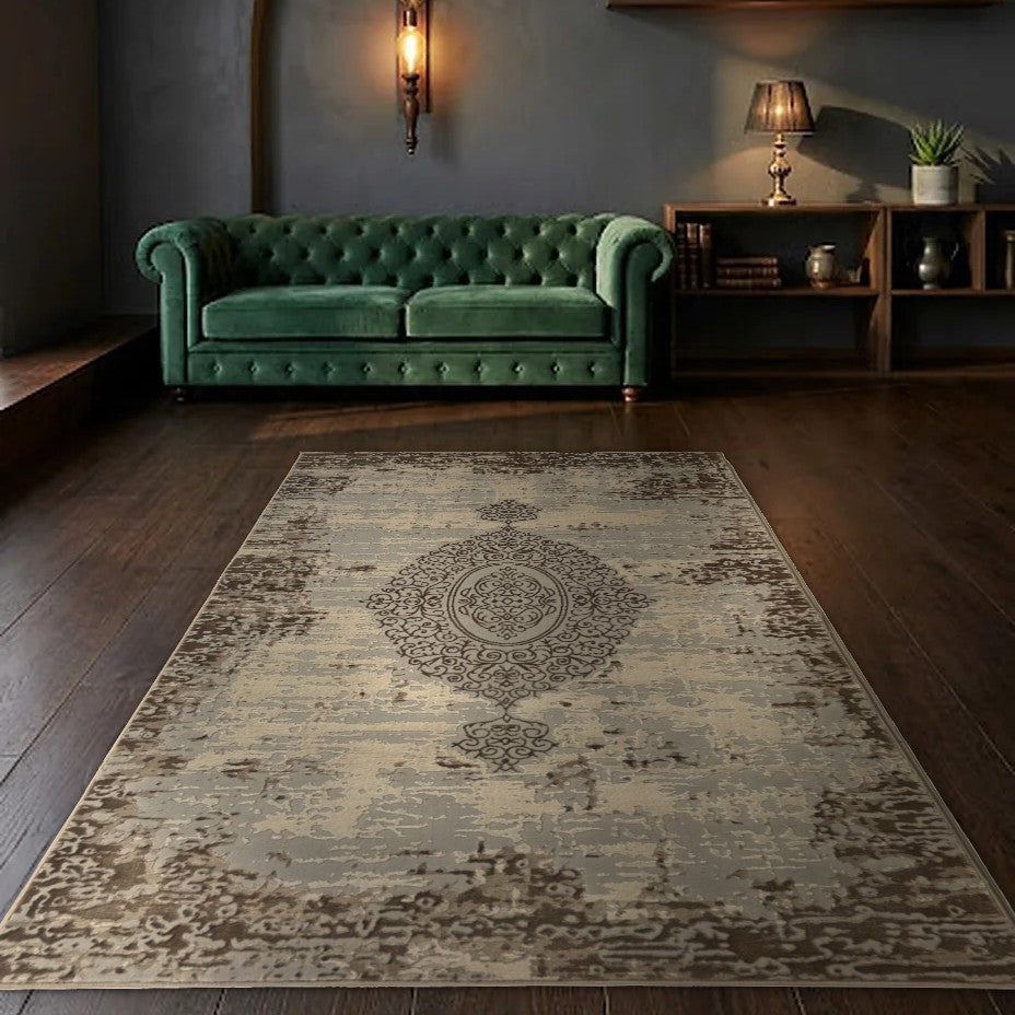 Room view: the rug on the floor of a furnished room