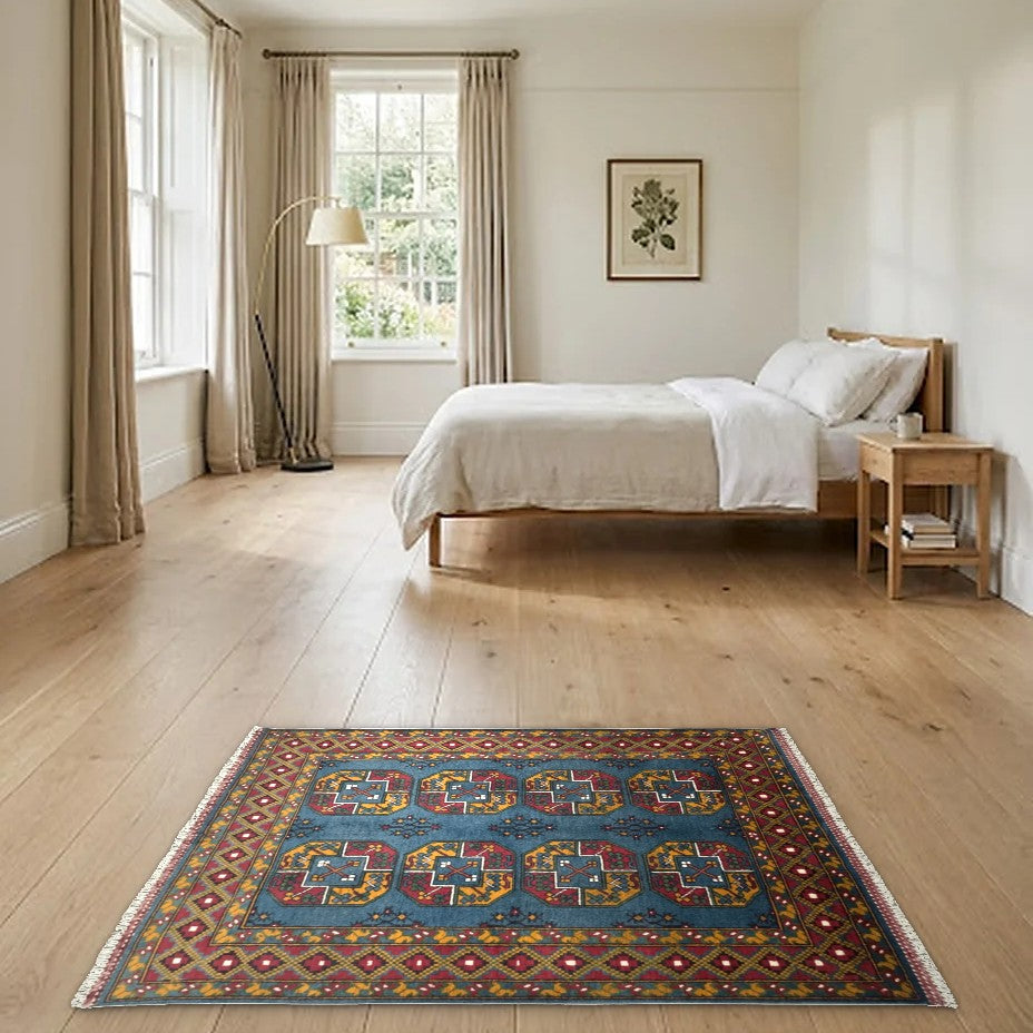 Room view: the rug on the floor of a furnished room
