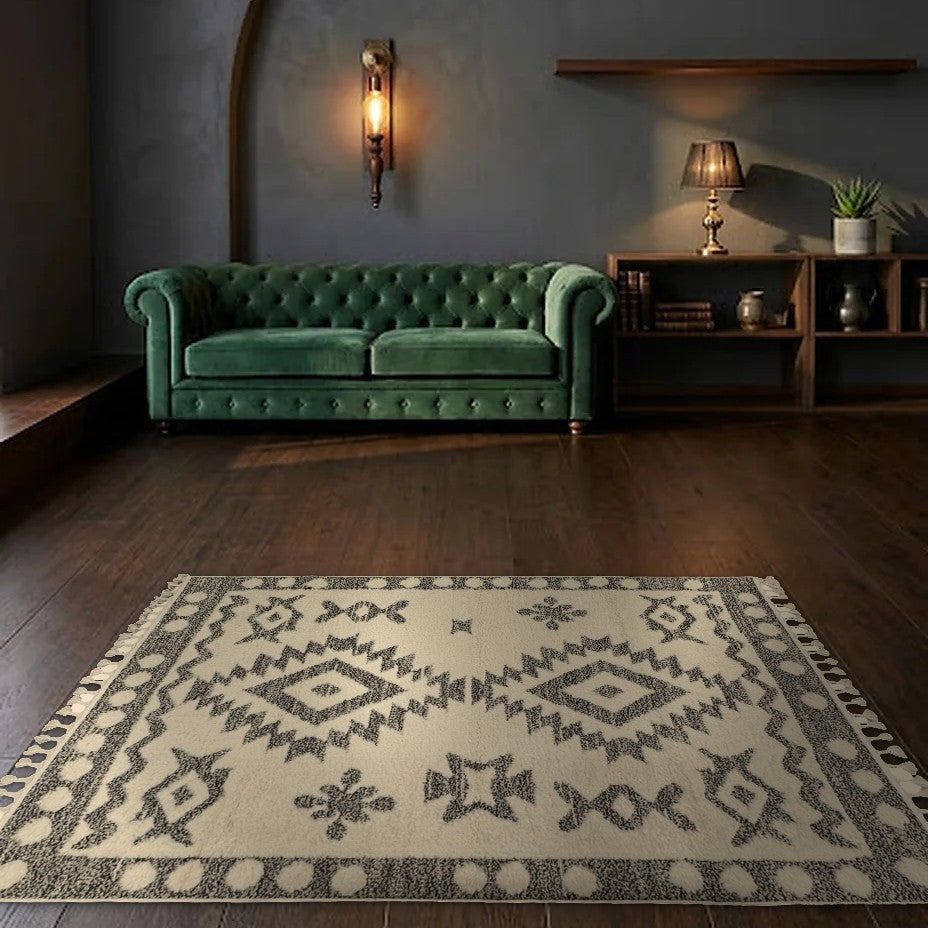 Room view: the rug on the floor of a furnished room