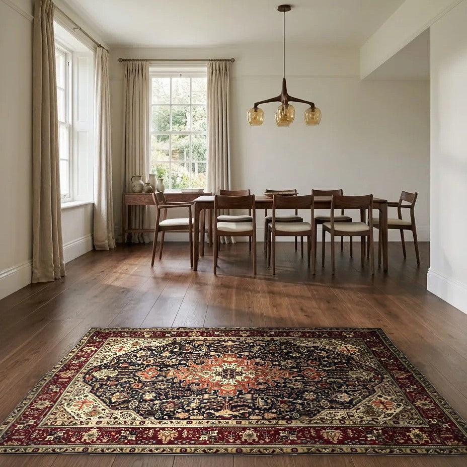 Room view: the rug on the floor of a furnished room