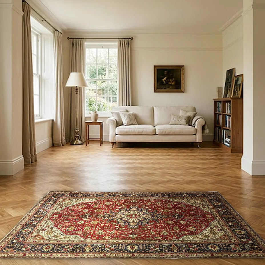 Room view: the rug on the floor of a furnished room