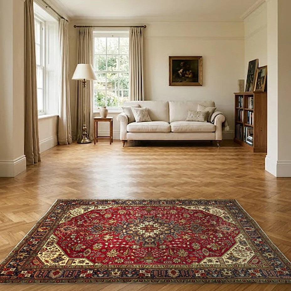 Room view: the rug on the floor of a furnished room