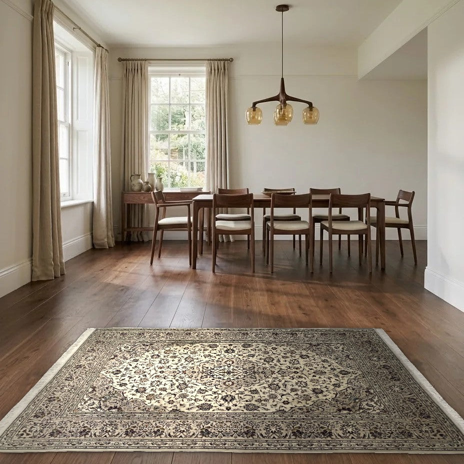 Room view: the rug on the floor of a furnished room