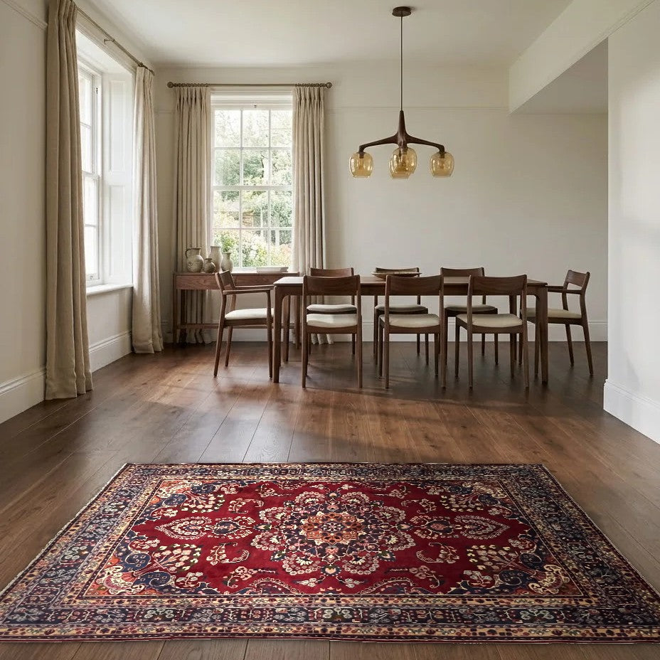 Room view: the rug on the floor of a furnished room