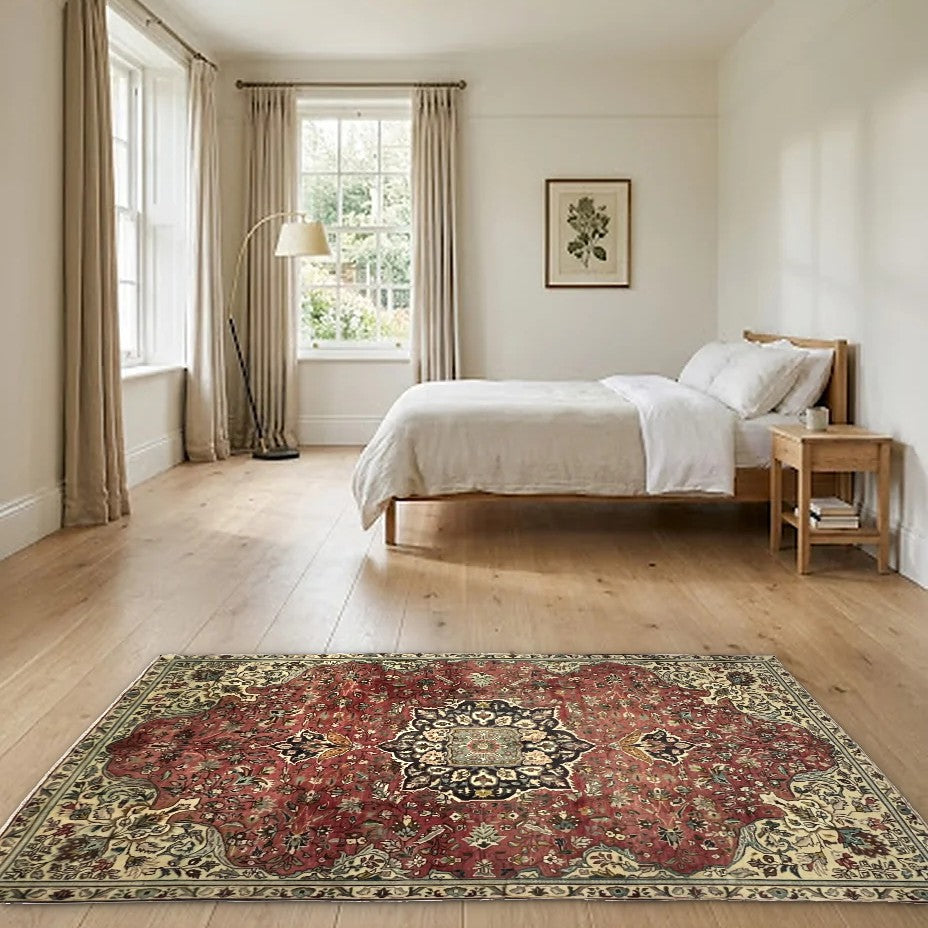 Room view: the rug on the floor of a furnished room