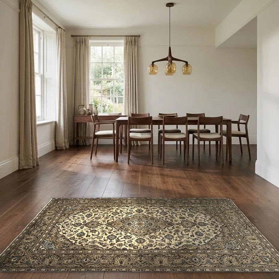 Room view: the rug on the floor of a furnished room