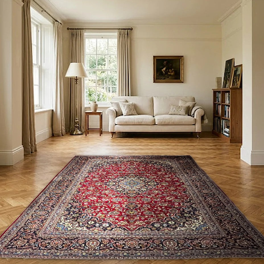 Room view: the rug on the floor of a furnished room