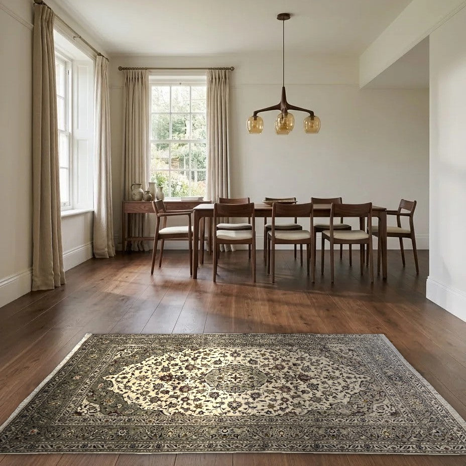 Room view: the rug on the floor of a furnished room