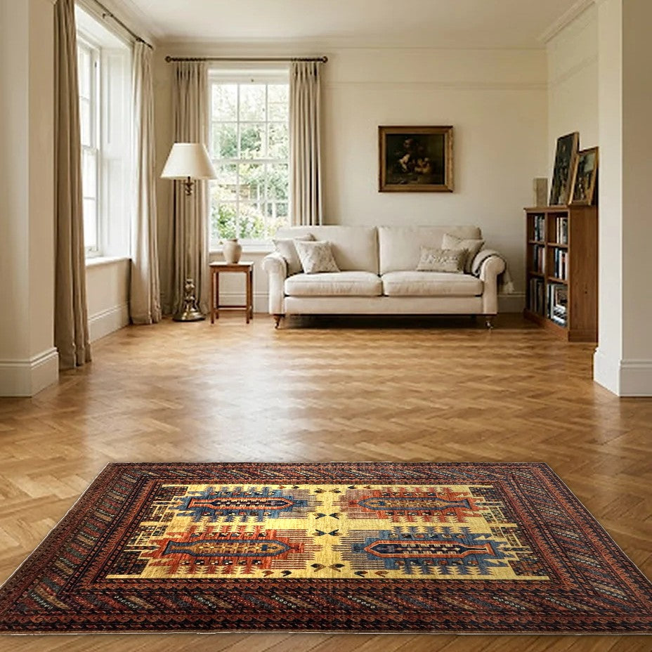 Room view: the rug on the floor of a furnished room