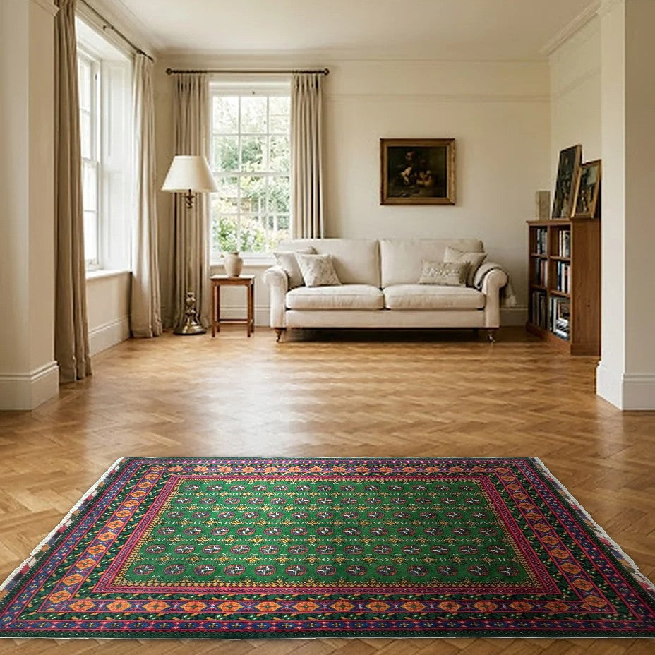 Room view: the rug on the floor of a furnished room
