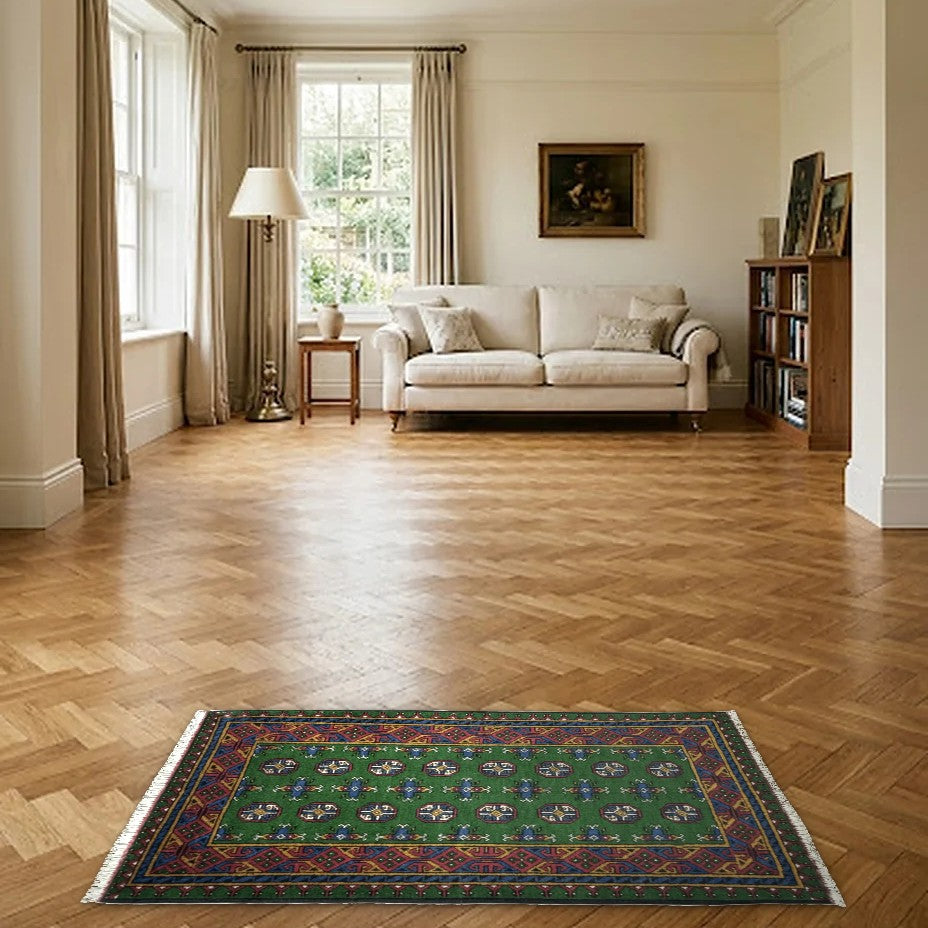 Room view: the rug on the floor of a furnished room