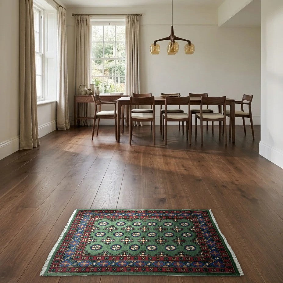 Room view: the rug on the floor of a furnished room