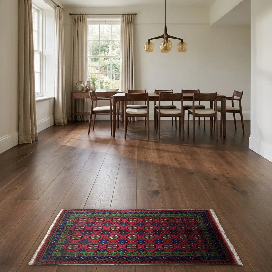 Room view: the rug on the floor of a furnished room