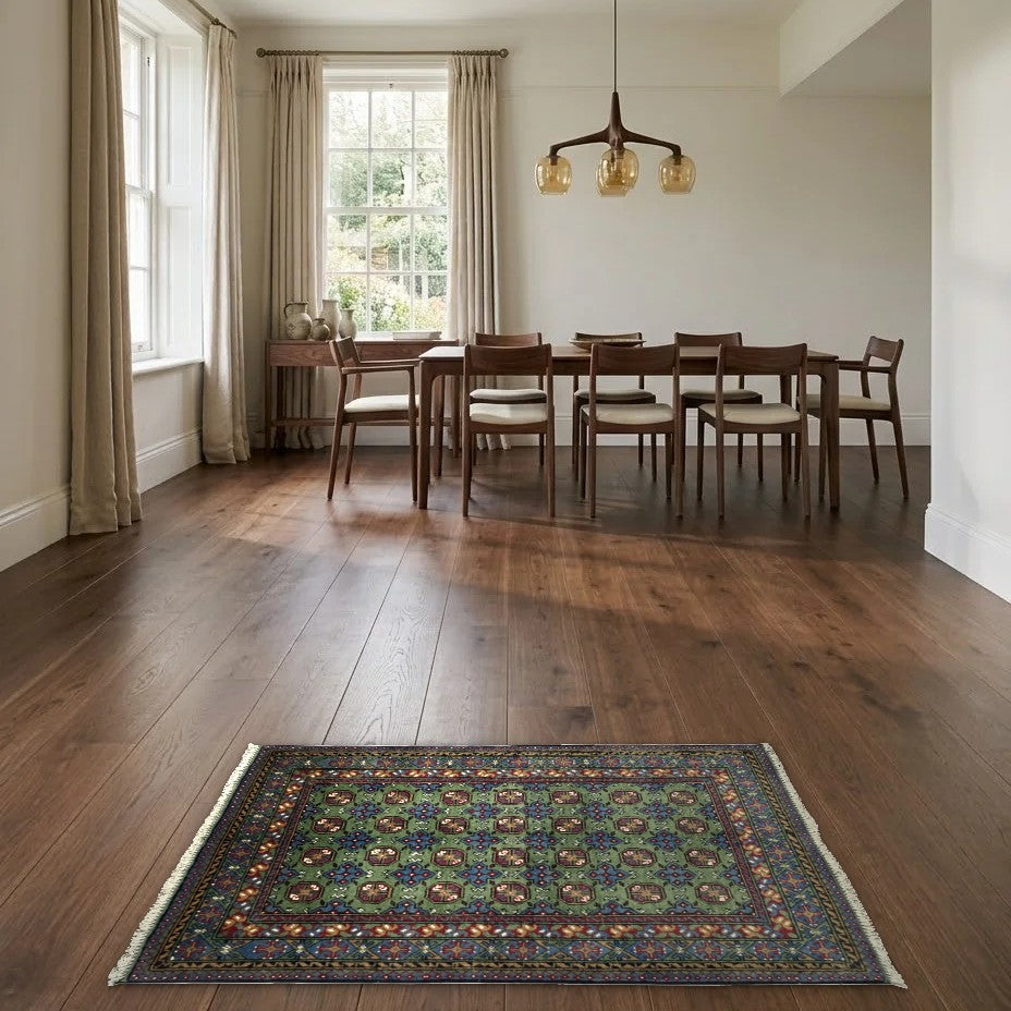 Room view: the rug on the floor of a furnished room