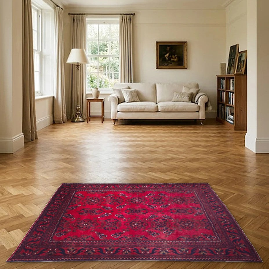 Room view: the rug on the floor of a furnished room