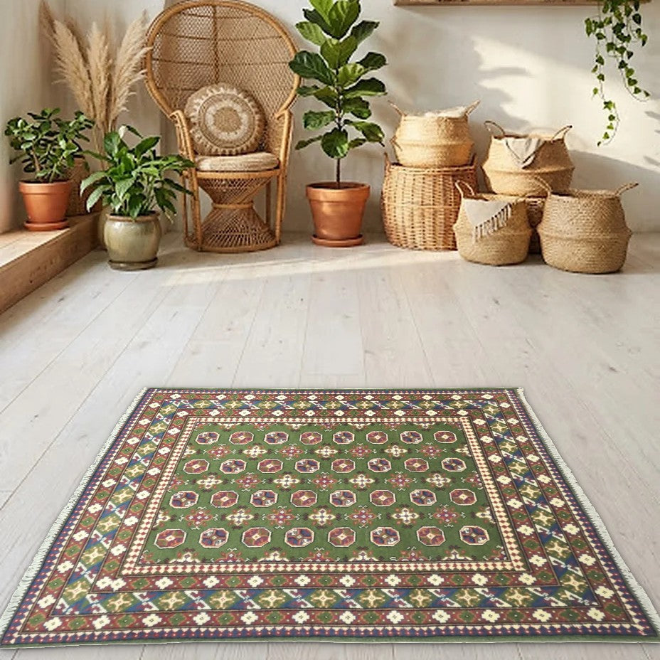 Room view: the rug on the floor of a furnished room