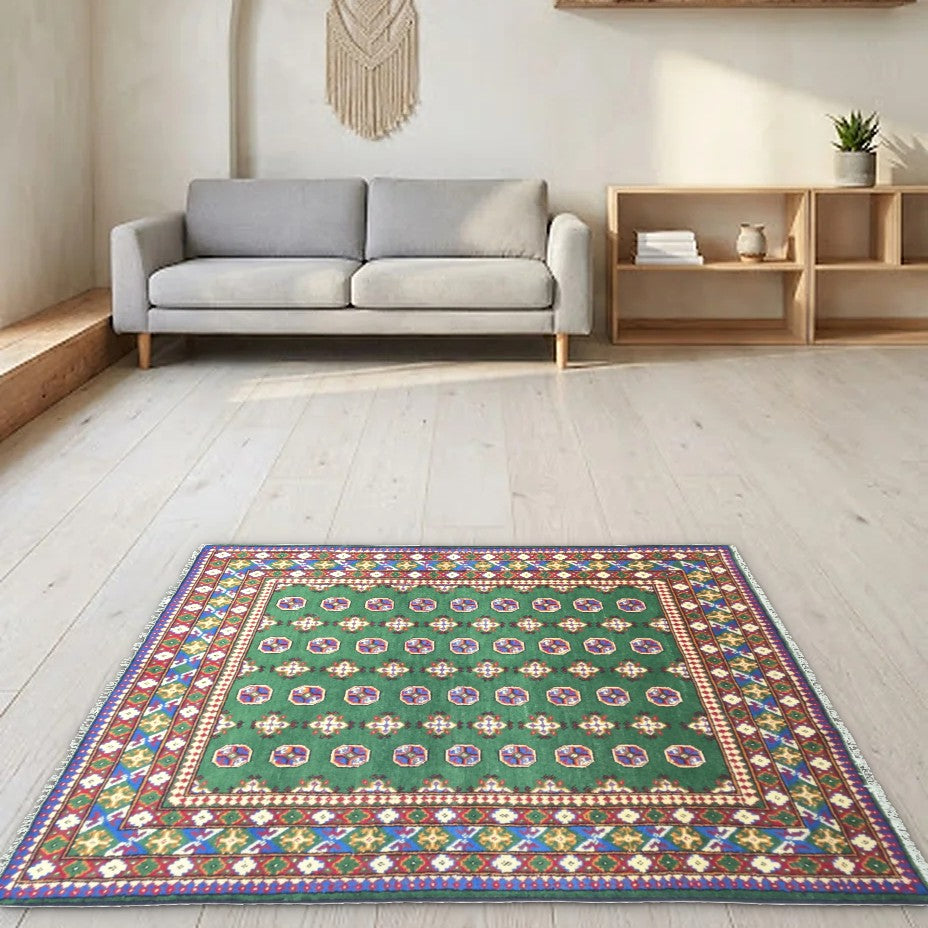 Room view: the rug on the floor of a furnished room