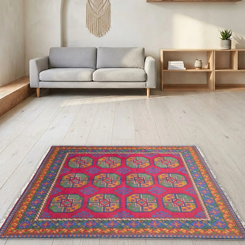 Room view: the rug on the floor of a furnished room