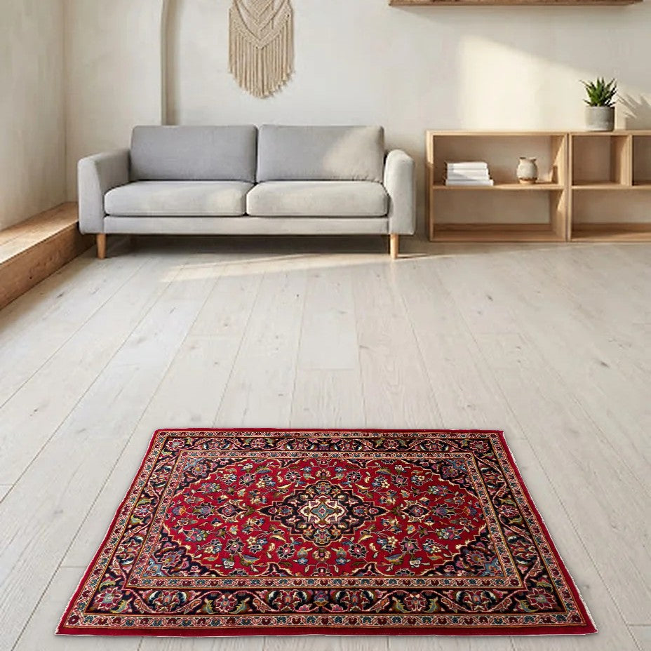 Room view: the rug on the floor of a furnished room