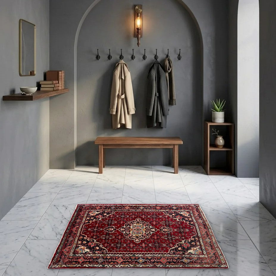 Room view: the rug on the floor of a furnished room