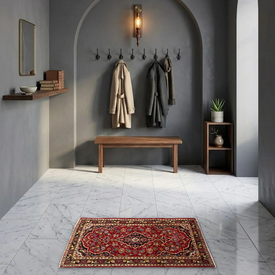 Room view: the rug on the floor of a furnished room