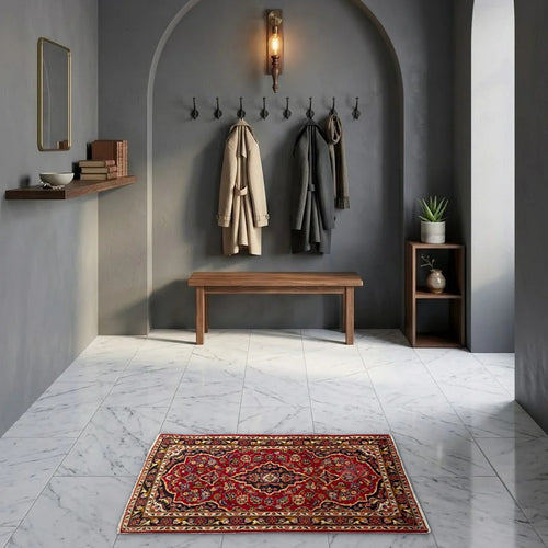 Room view: the rug on the floor of a furnished room