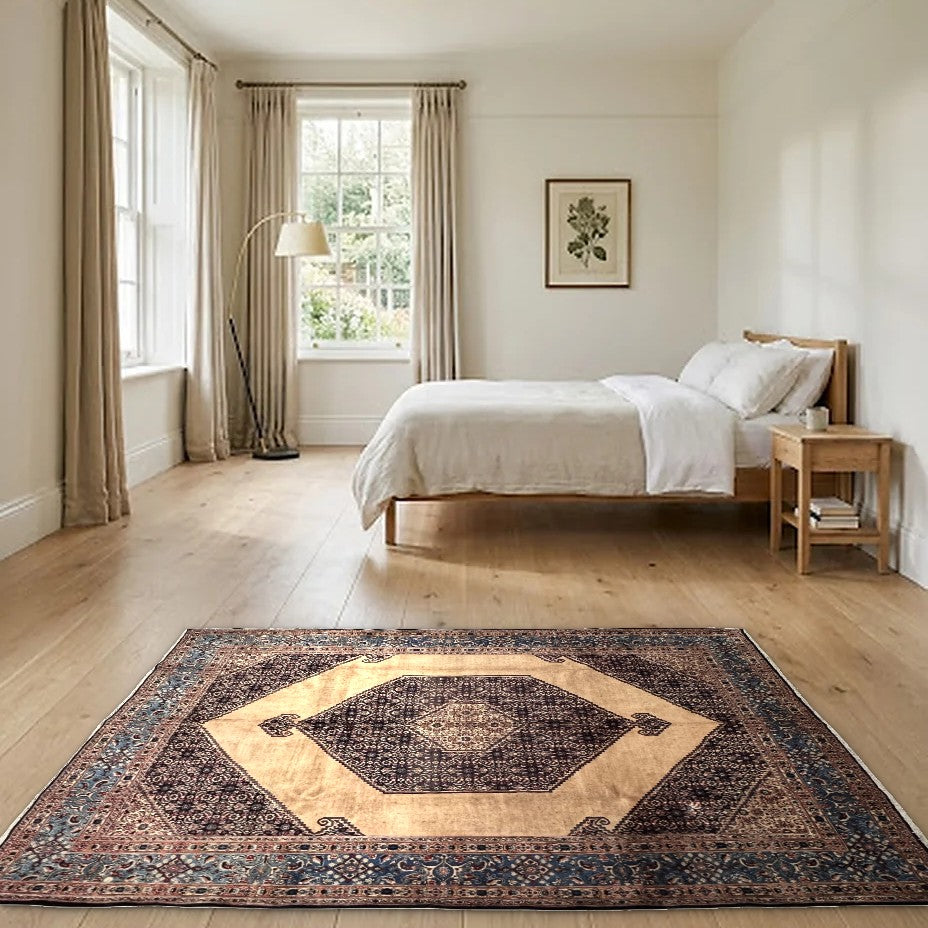 Room view: the rug on the floor of a furnished room