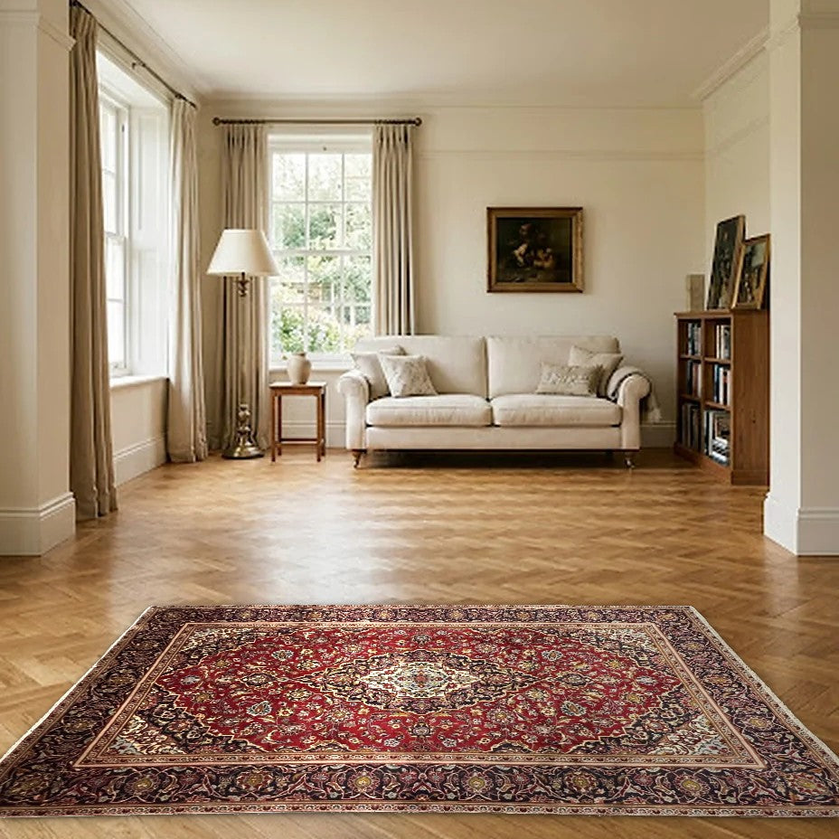 Room view: the rug on the floor of a furnished room