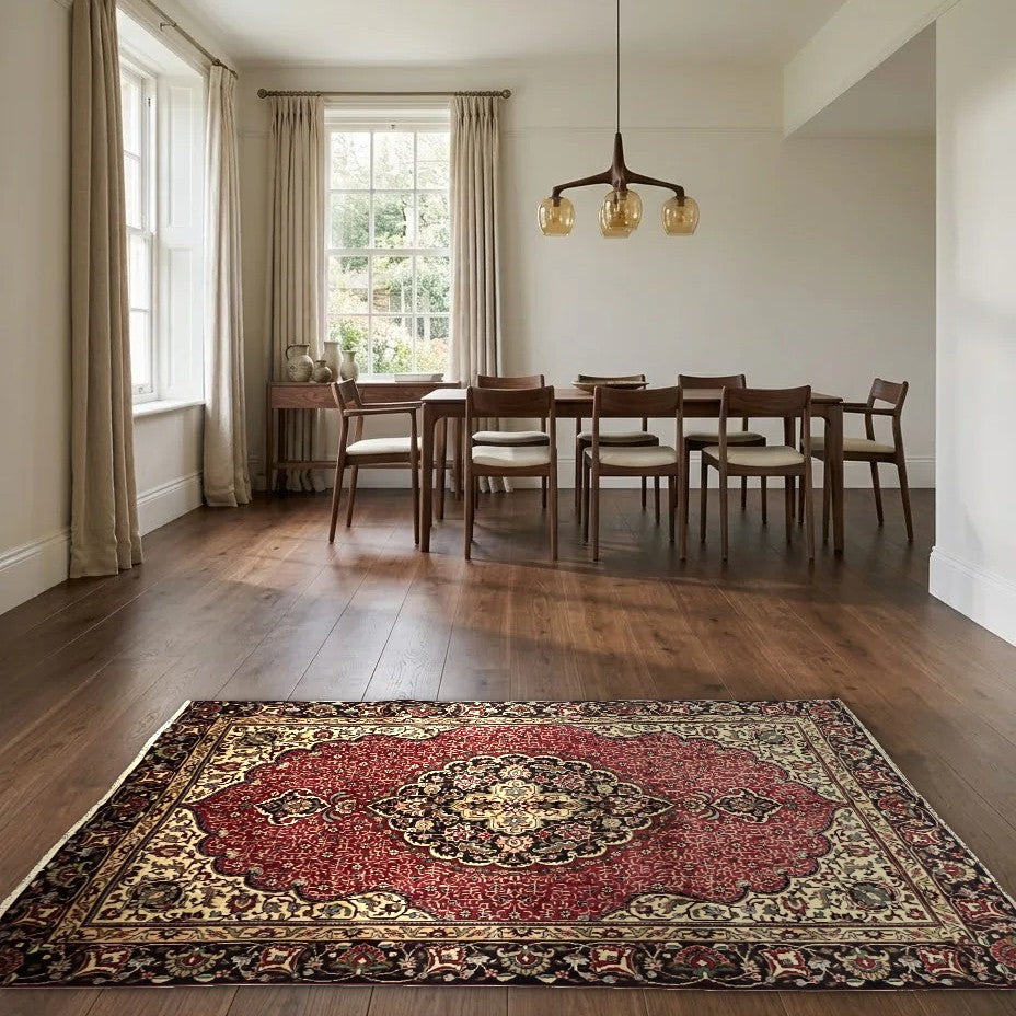 Room view: the rug on the floor of a furnished room