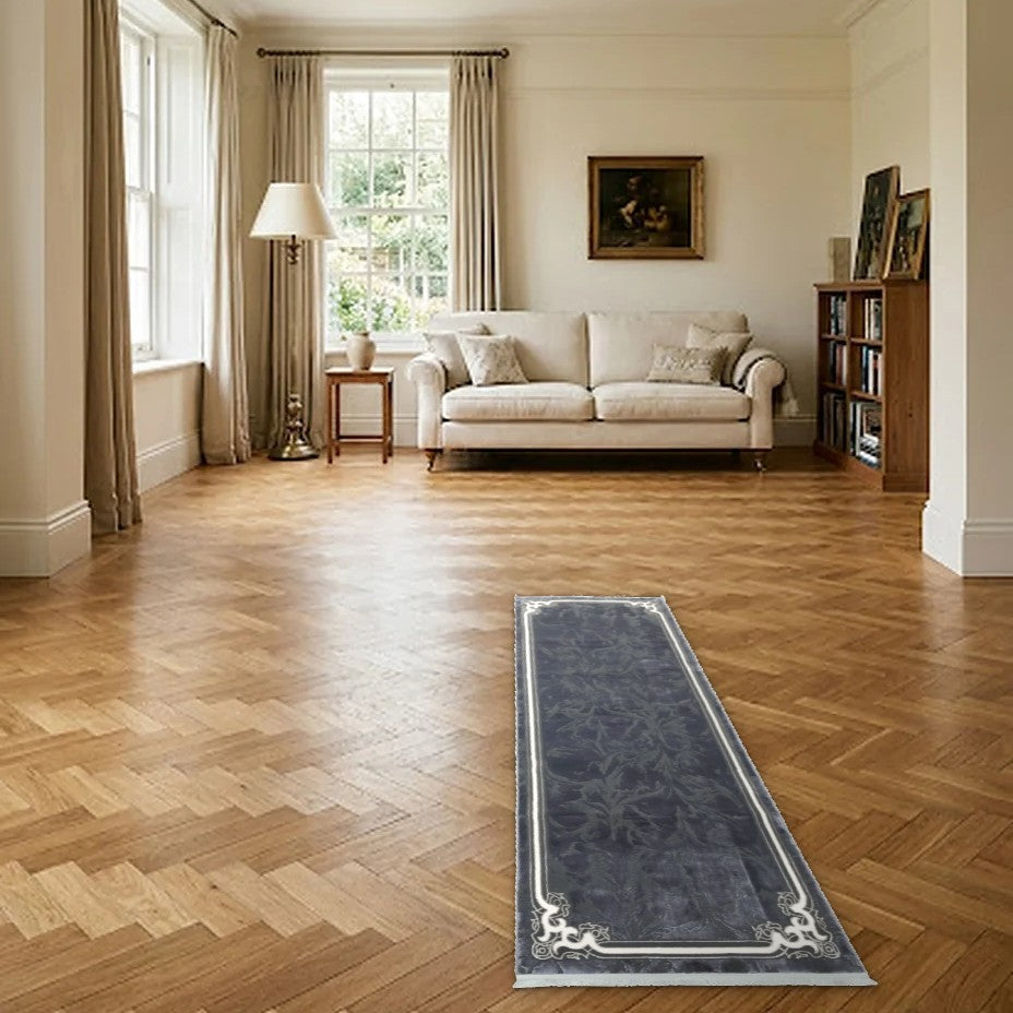 Room view: the rug on the floor of a furnished room