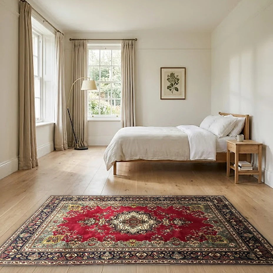 Room view: the rug on the floor of a furnished room