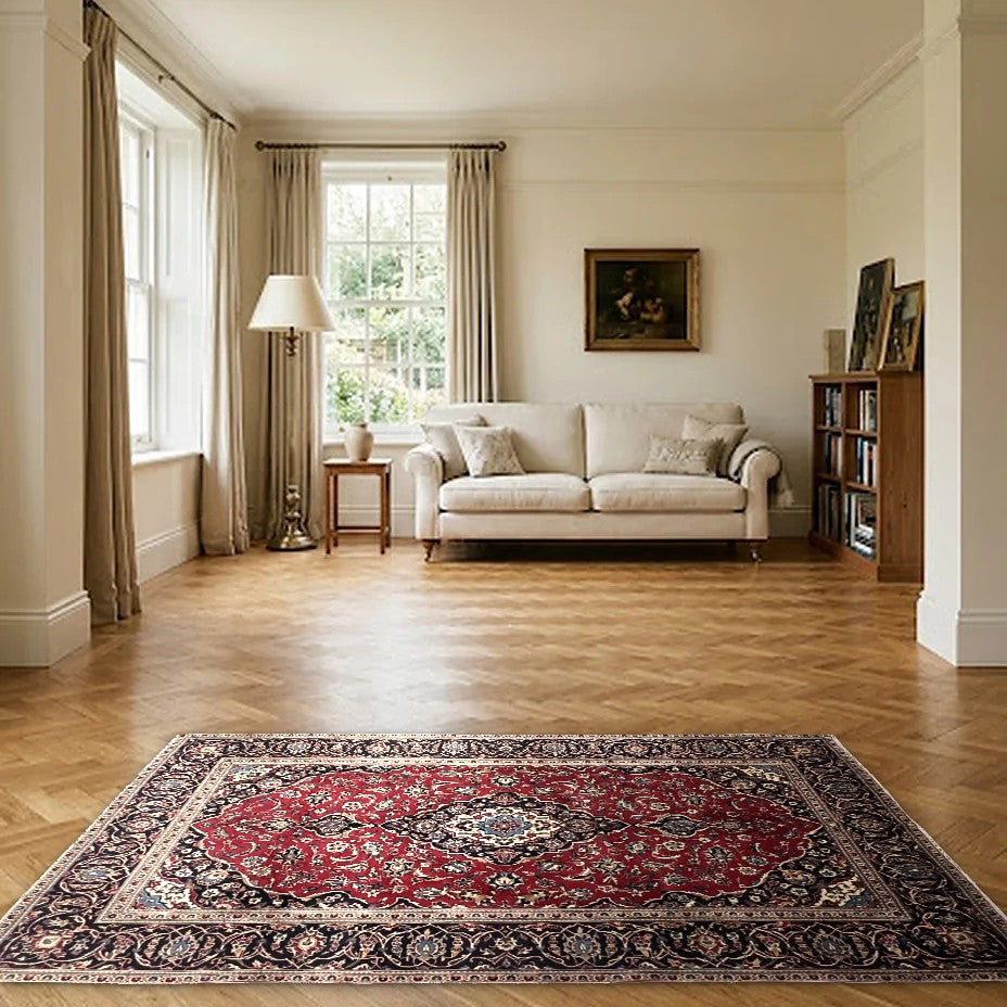 Room view: the rug on the floor of a furnished room