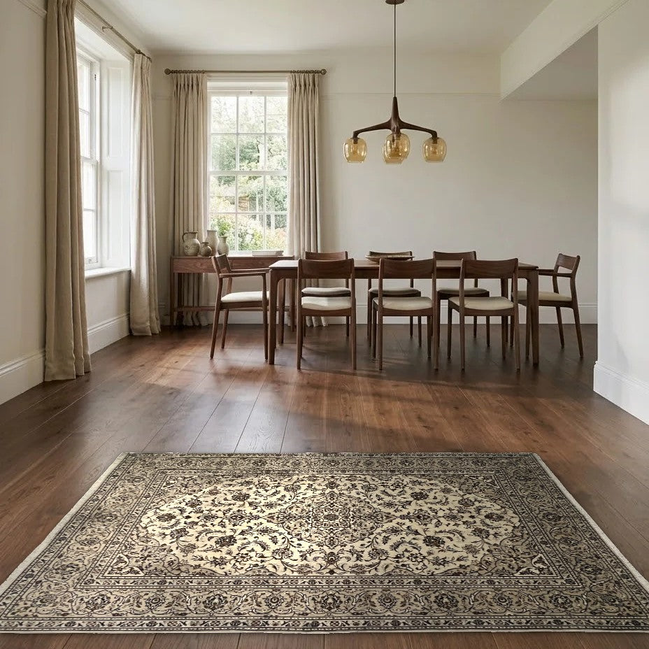 Room view: the rug on the floor of a furnished room