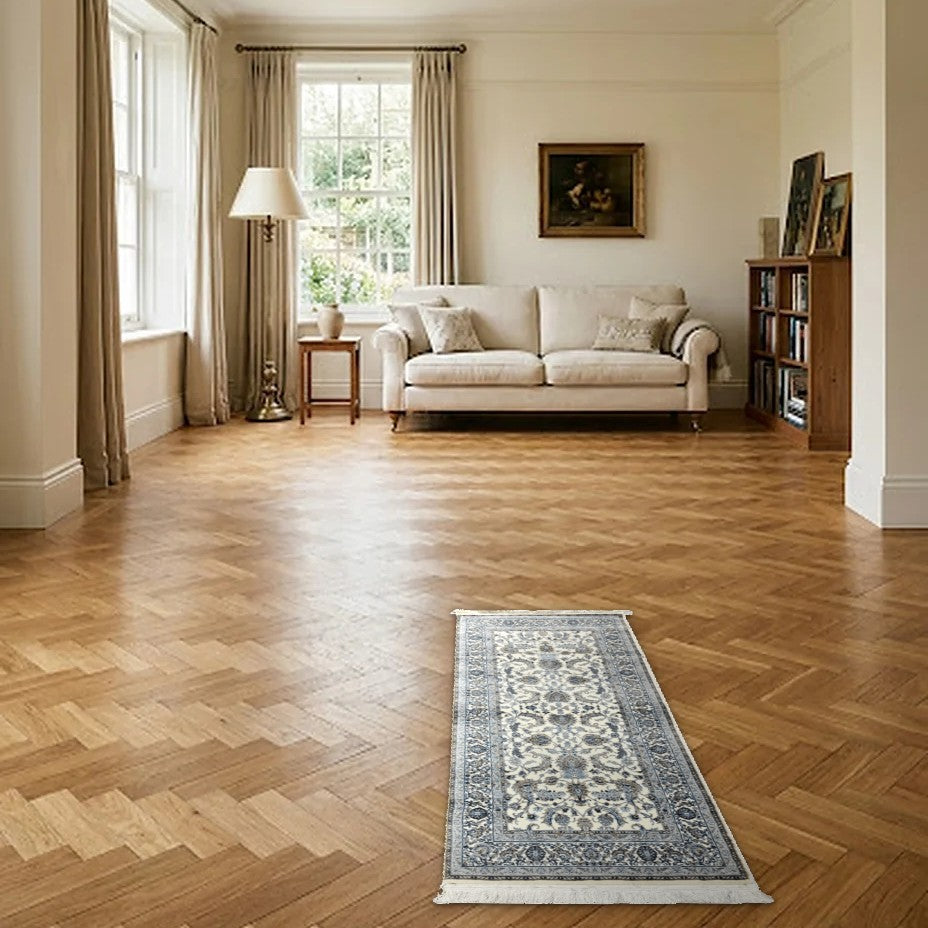 Room view: the rug on the floor of a furnished room
