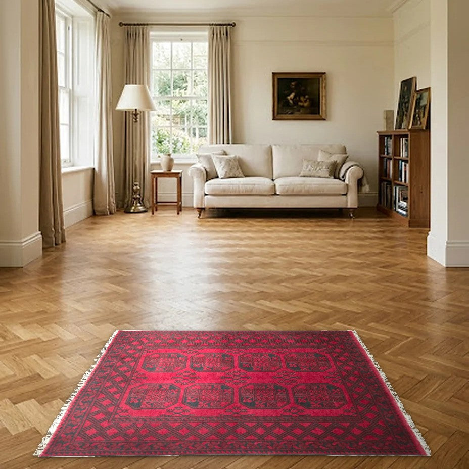 Room view: the rug on the floor of a furnished room
