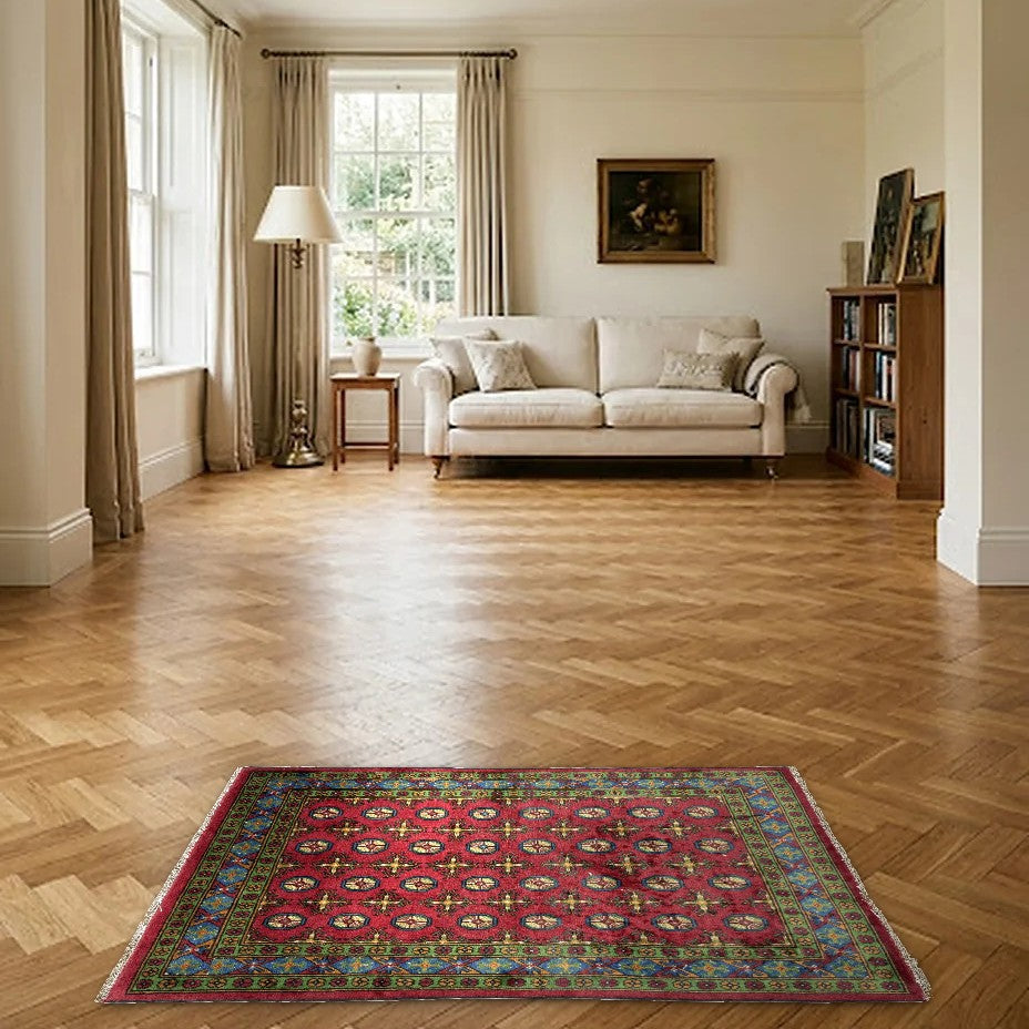 Room view: the rug on the floor of a furnished room