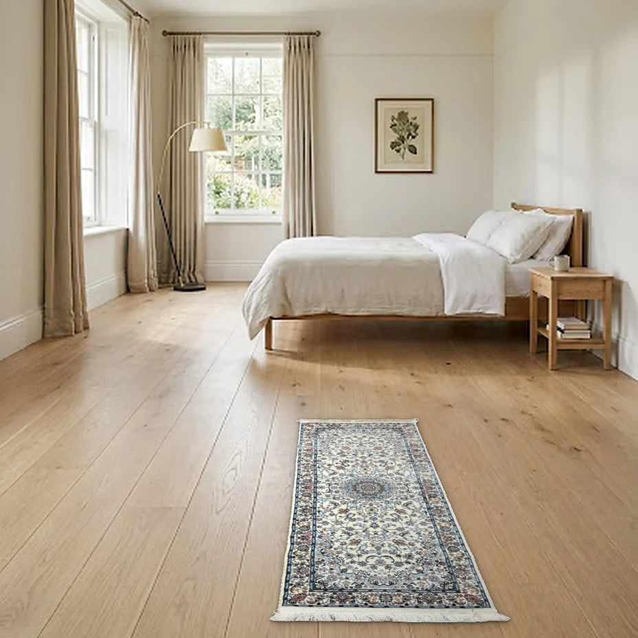 Room view: the rug on the floor of a furnished room