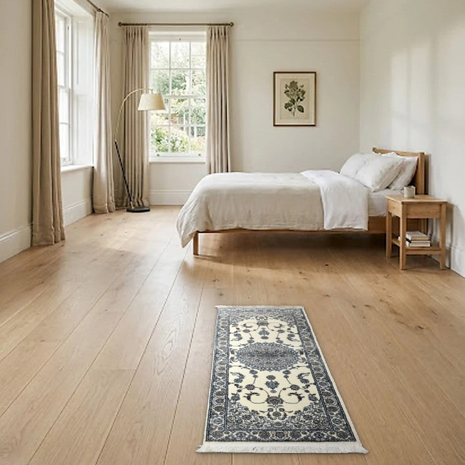 Room view: the rug on the floor of a furnished room