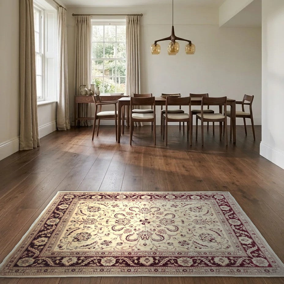 Room view: the rug on the floor of a furnished room