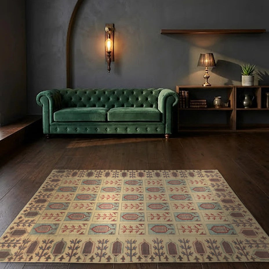 Room view: the rug on the floor of a furnished room