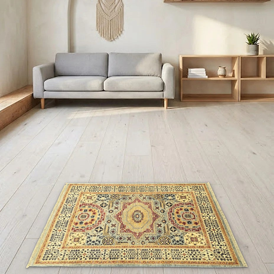 Room view: the rug on the floor of a furnished room