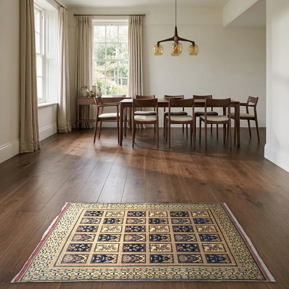 Room view: the rug on the floor of a furnished room
