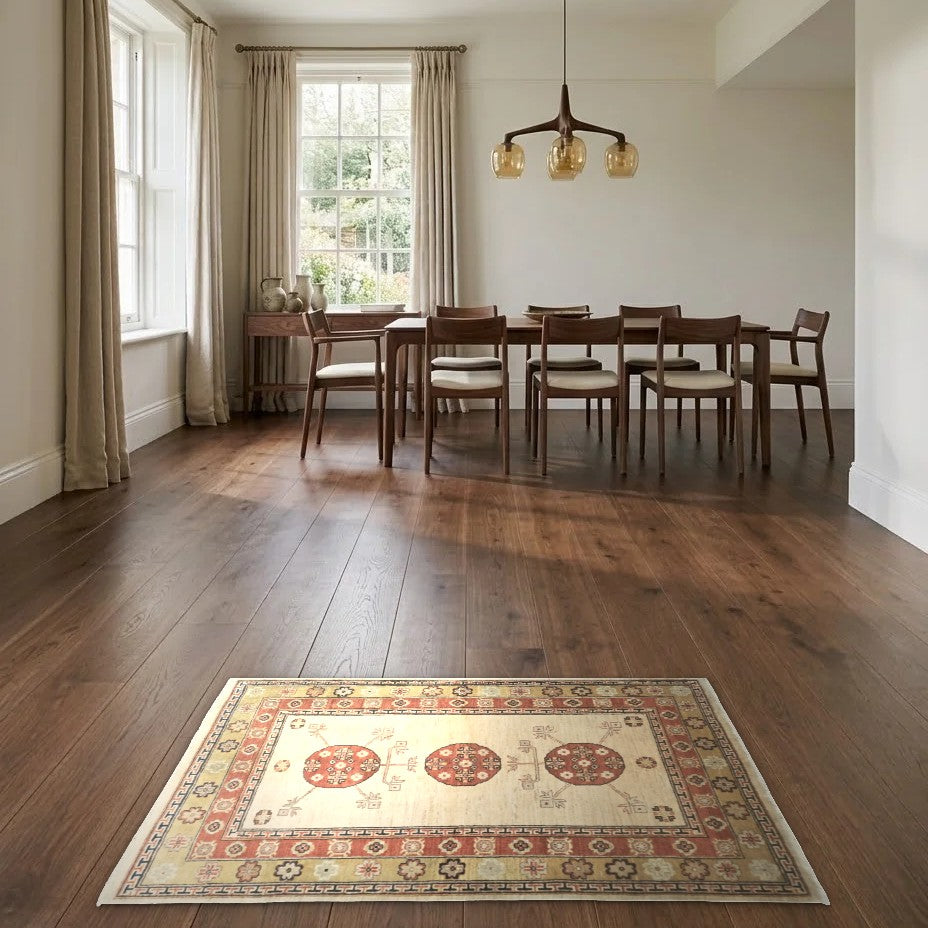 Room view: the rug on the floor of a furnished room
