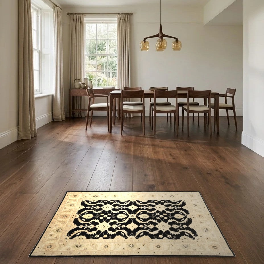 Room view: the rug on the floor of a furnished room