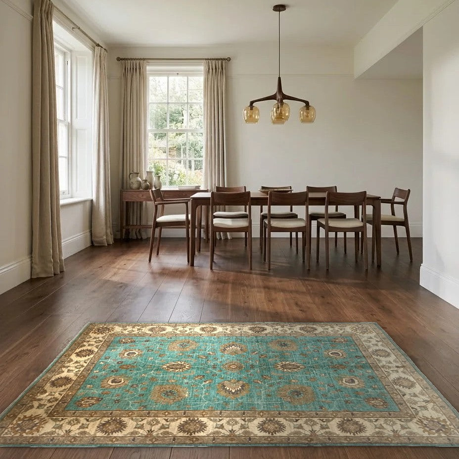 Room view: the rug on the floor of a furnished room