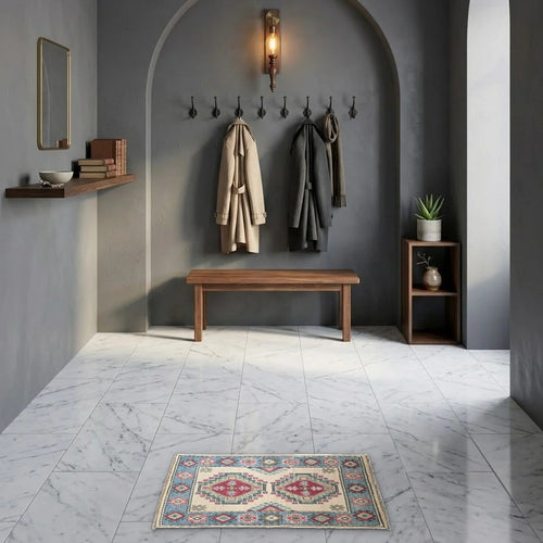 Room view: the rug on the floor of a furnished room