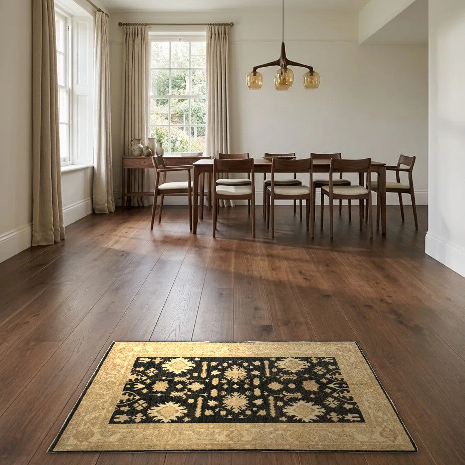 Room view: the rug on the floor of a furnished room